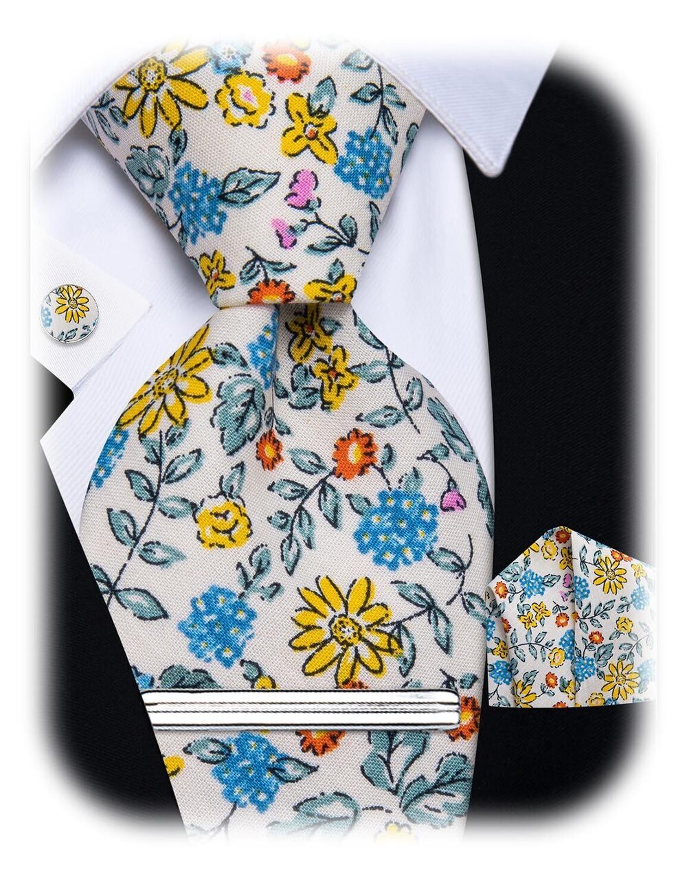 5133 White Blue Floral Tie 2.5" Cotton Skinny Necktie Pocket Square Tie